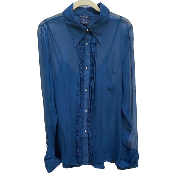 Pamela Dennis Sheer Silk Ruffled Button Front Blouse with Silk Cami Size M - Picture 2 of 10